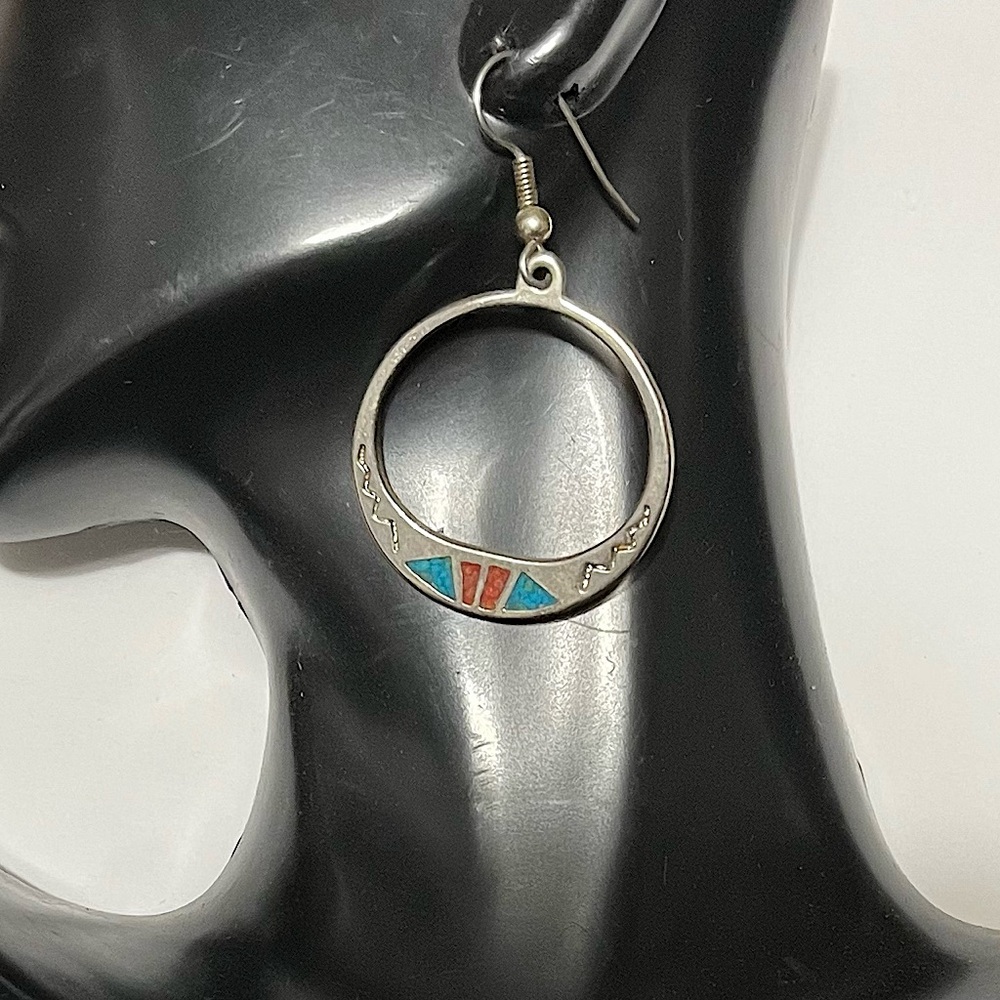 Silver Tone Crushed Turquoise Inlay Dangle Earrings